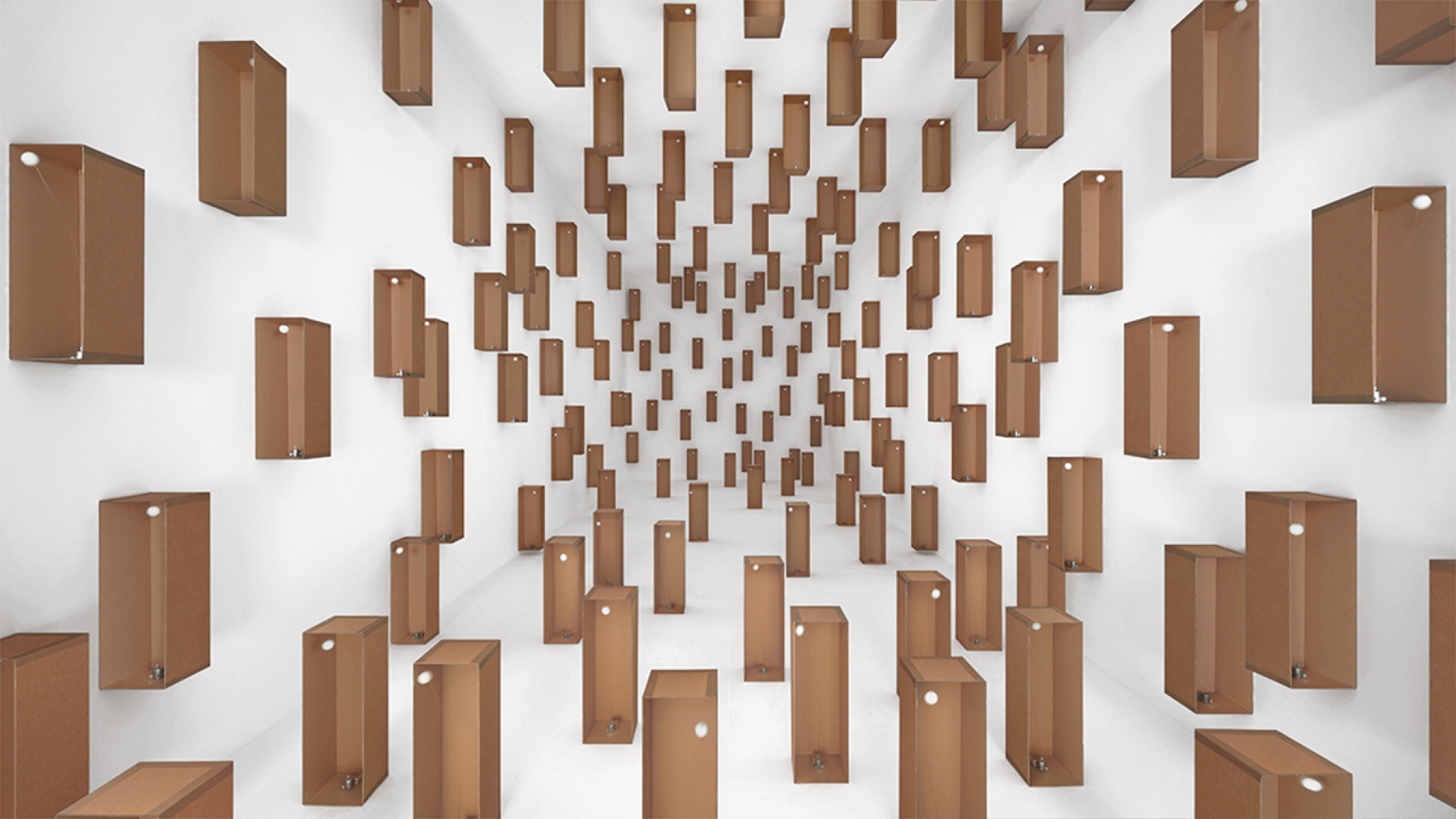 157 dc-motores preparados, bolas de algodón, cajas de cartón 60x20x20cm. Zimoun 2014. Imagen cortesía de Studio Zimoun.