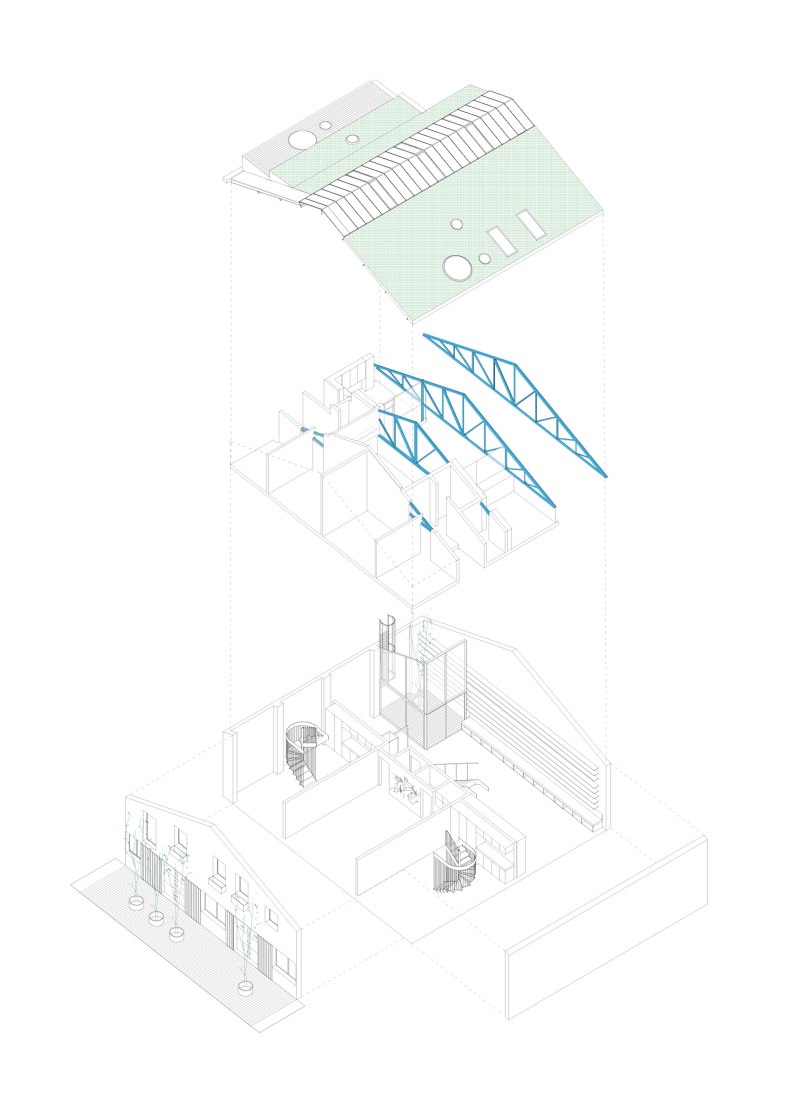 Axonometry. Reuse of an industrial space by Ruizesquiroz Arquitectos.