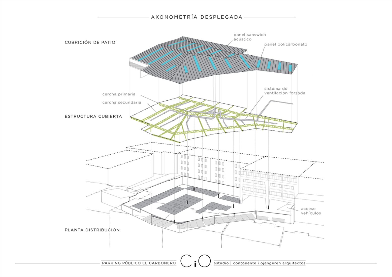Whole axonometry. Public parking El Carbonero by CiO estudio. Image © courtesy of CiO estudio.