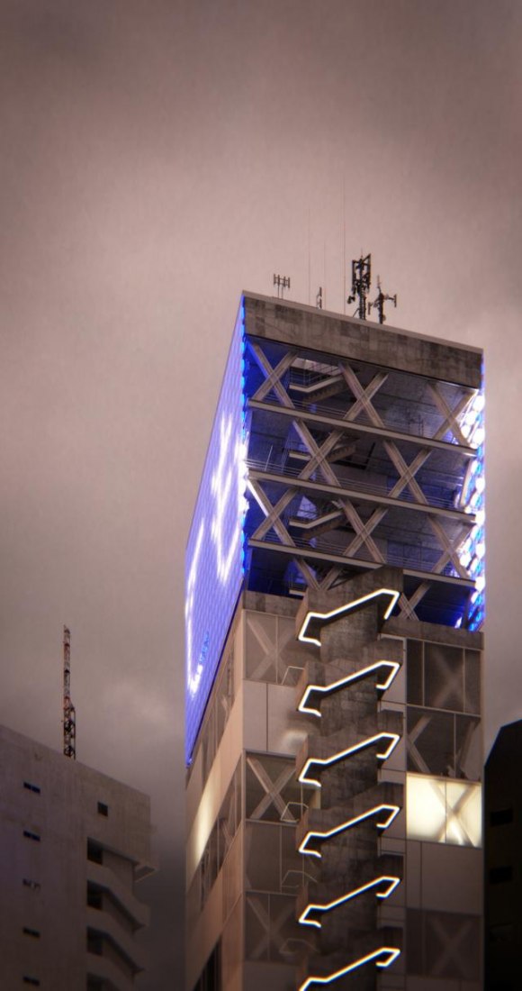 Architecture and the Unspeakable. Tower in Shibuya, vision from outside © John Szot Studio.