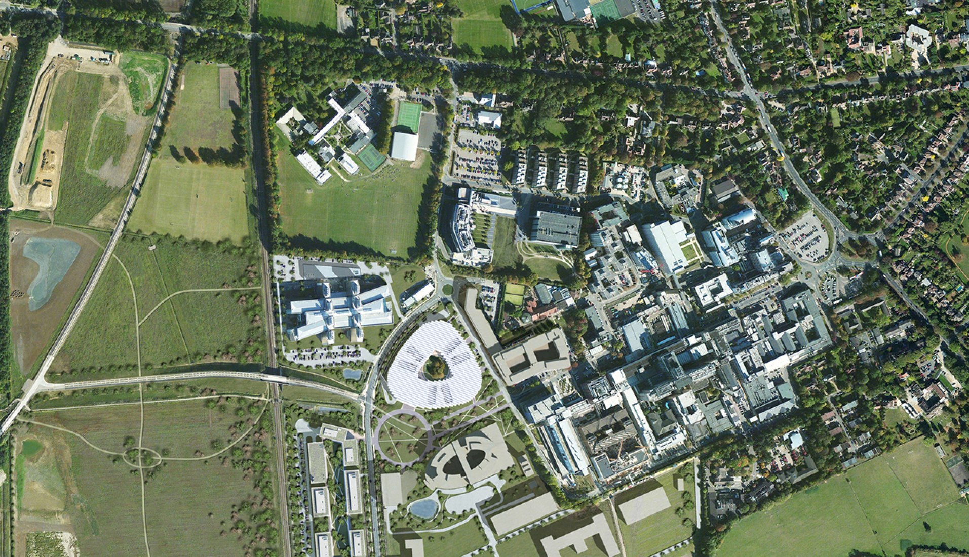 Aerial view. Concept design of AstraZeneca Global R&D centre and corporate HQ, Cambridge, UK – illustration of proposed design, subject to planning consent © Herzog & de Meuron.
