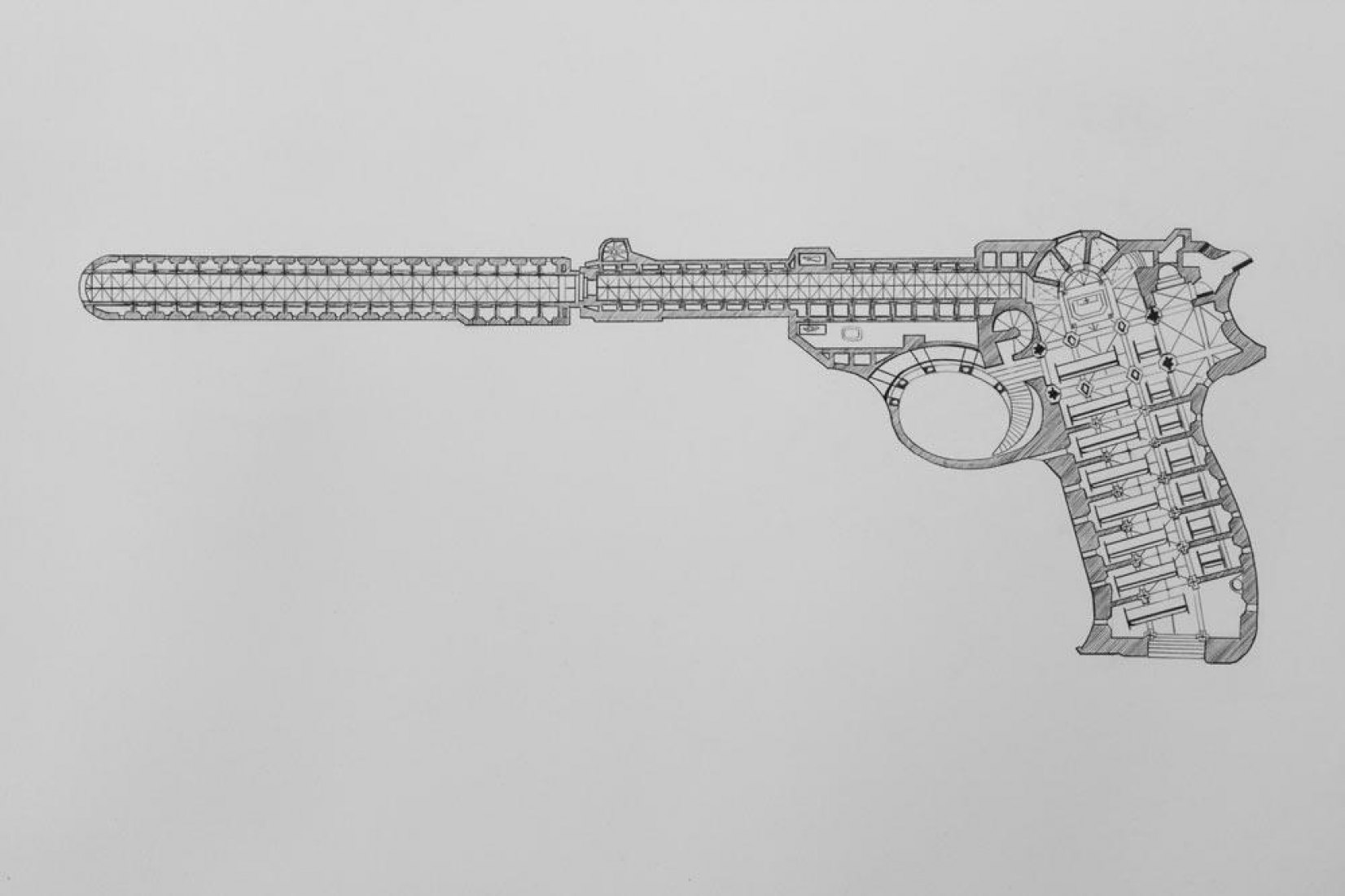 X -Walther P38 silencieux-: 30x56cm. 2011.