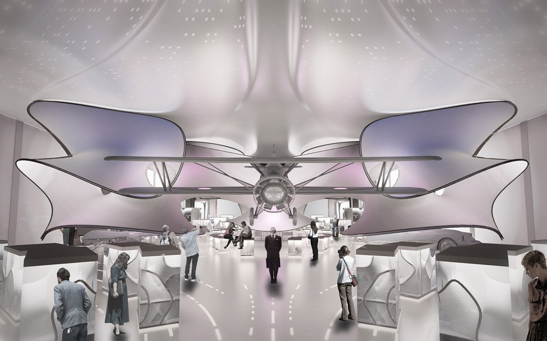 A view of the new Science Museum Mathematics Gallery featuring the Handley Page aircraft. Credit: Zaha Hadid Architects. Image courtesy of Science Museum.