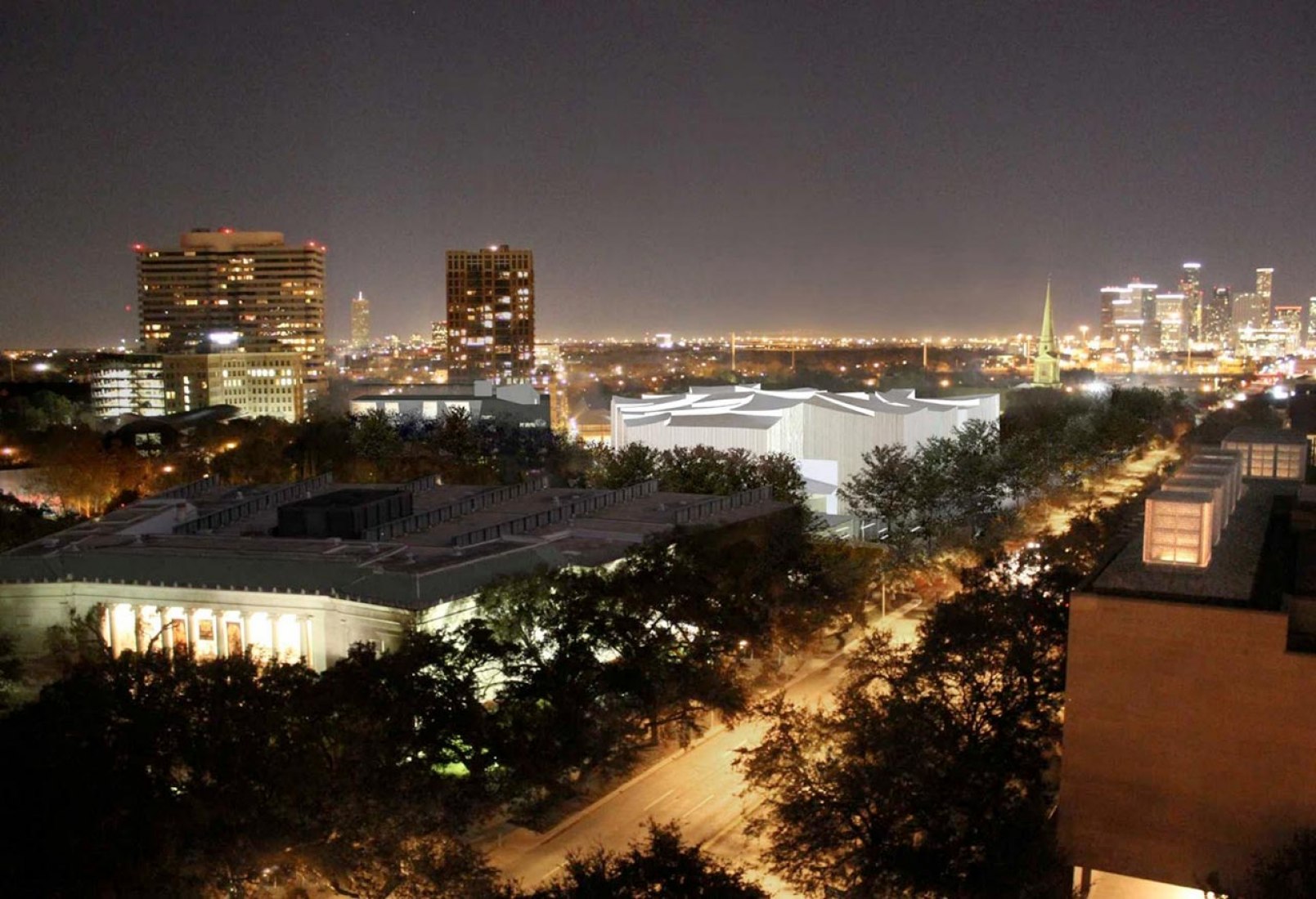 Vista aérea nocturna del Fayez S. Sarofim Campus, con el Nancy y Rich Kinder Building y la Glassell School of Art. Visualización cortesía de Steven Holl Architects.