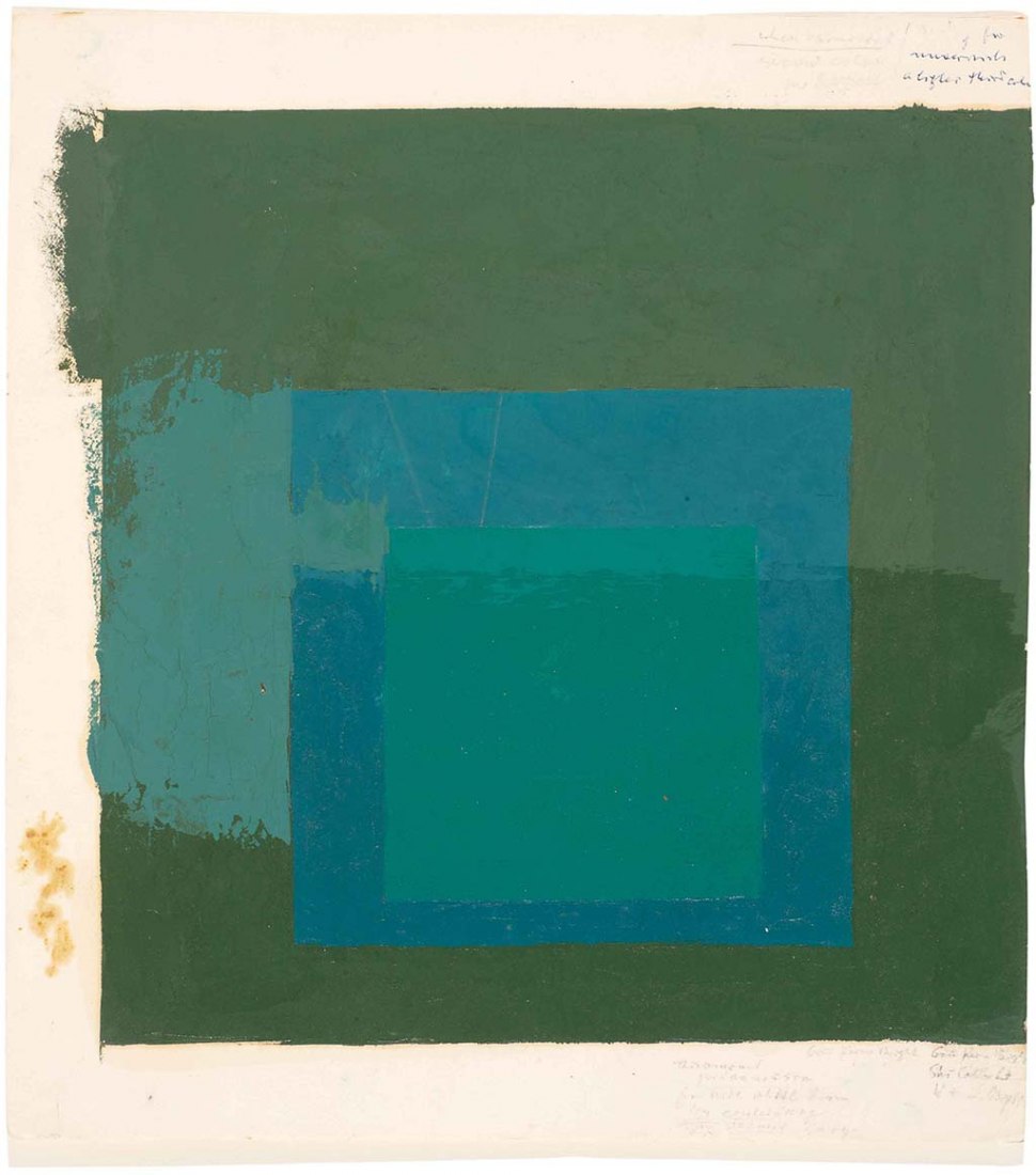 Studio for screenprinting EK I f, c 1970. Oil on blotting paper, varnished. 33,7 x 30,5 cm. Albers’ graphic work (1916-1976).  Courtesy of The Josef & Anni Albers Foundation. Fundación Juan March.