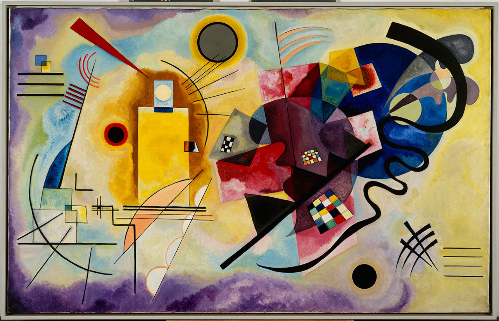 Gelb-Rot-Blau (Yellow-red-blue). Vassily Kandinsky, 1925. Oil on canvas, 128 x 201,5 cm. Collection Centro Pompidou, Musée national d'art moderne, Paris. Legacy of Nina Kandinsky en 1981. © Vassily Kandinsky, VEGAP, Madrid, 2015.