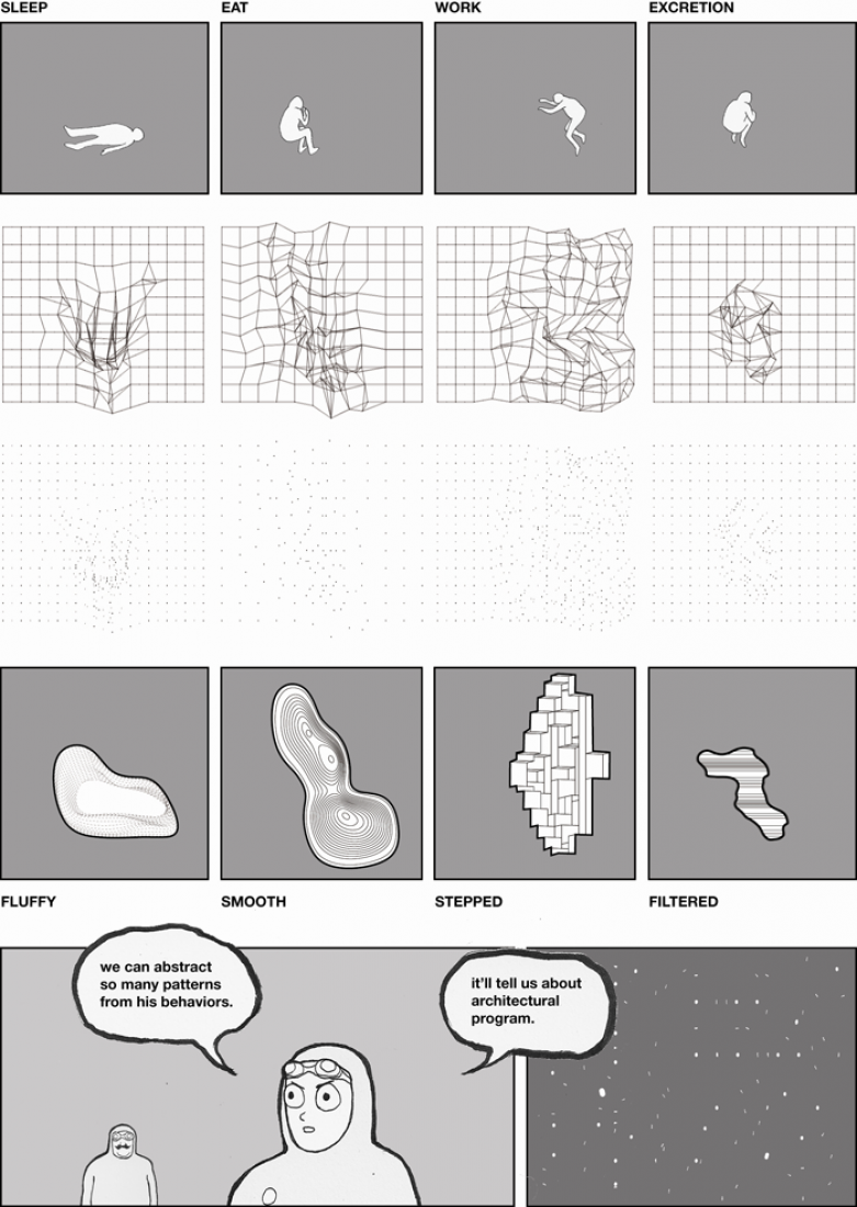 Inside page, Citizens of No Place. An Architectural Graphic Novel. By Jimenez Lai. 