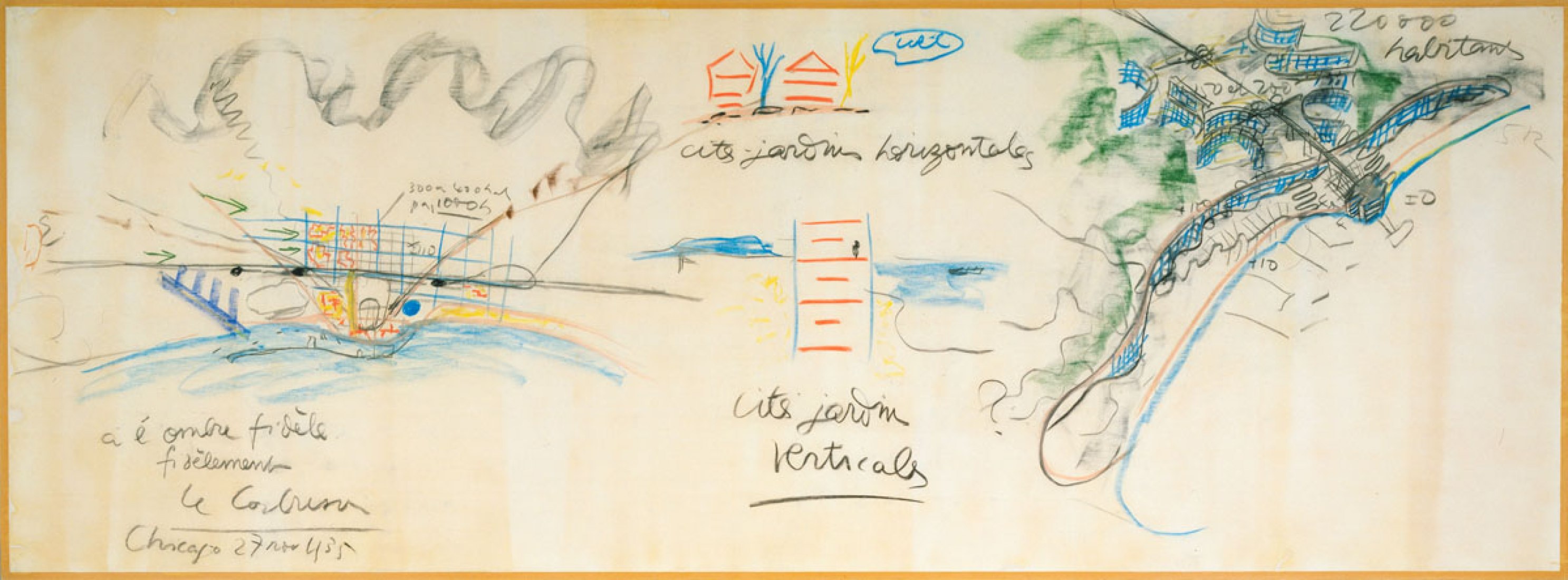 Le Corbusier (Charles-Edouard Jeanneret) (francés, nacido Suiza. 1887-1965). Plan Urbano para Argel, plan del proyecto y la perspectiva. 1935. Pastel sobre papel. 39 3/4 x 109 1/2 