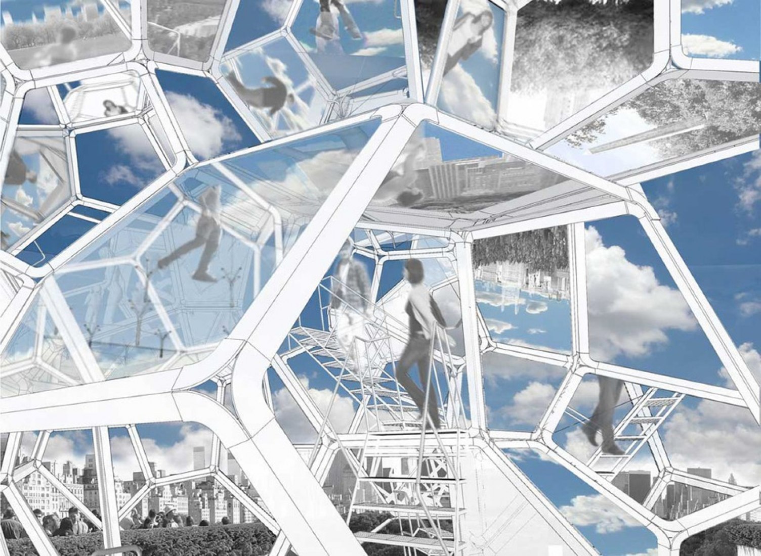 Montaje conceptual del artista. Dibuos por Tomás Saraceno, sobre la Cubierta: Cloud City. M.E.T. NY.