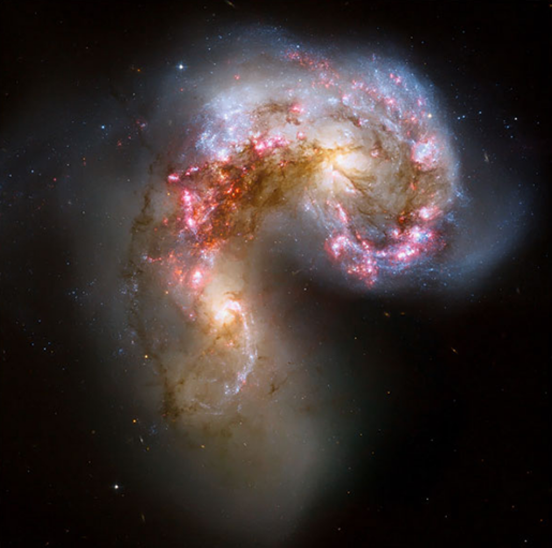 Esta mezcla hipercinética en el espacio, conocida como las Galaxias Antenas en colisión, pueden parecerse a la Vía Láctea y la Galaxia de Andrómeda, una colisión en alrededor de 2,5 millones de años.