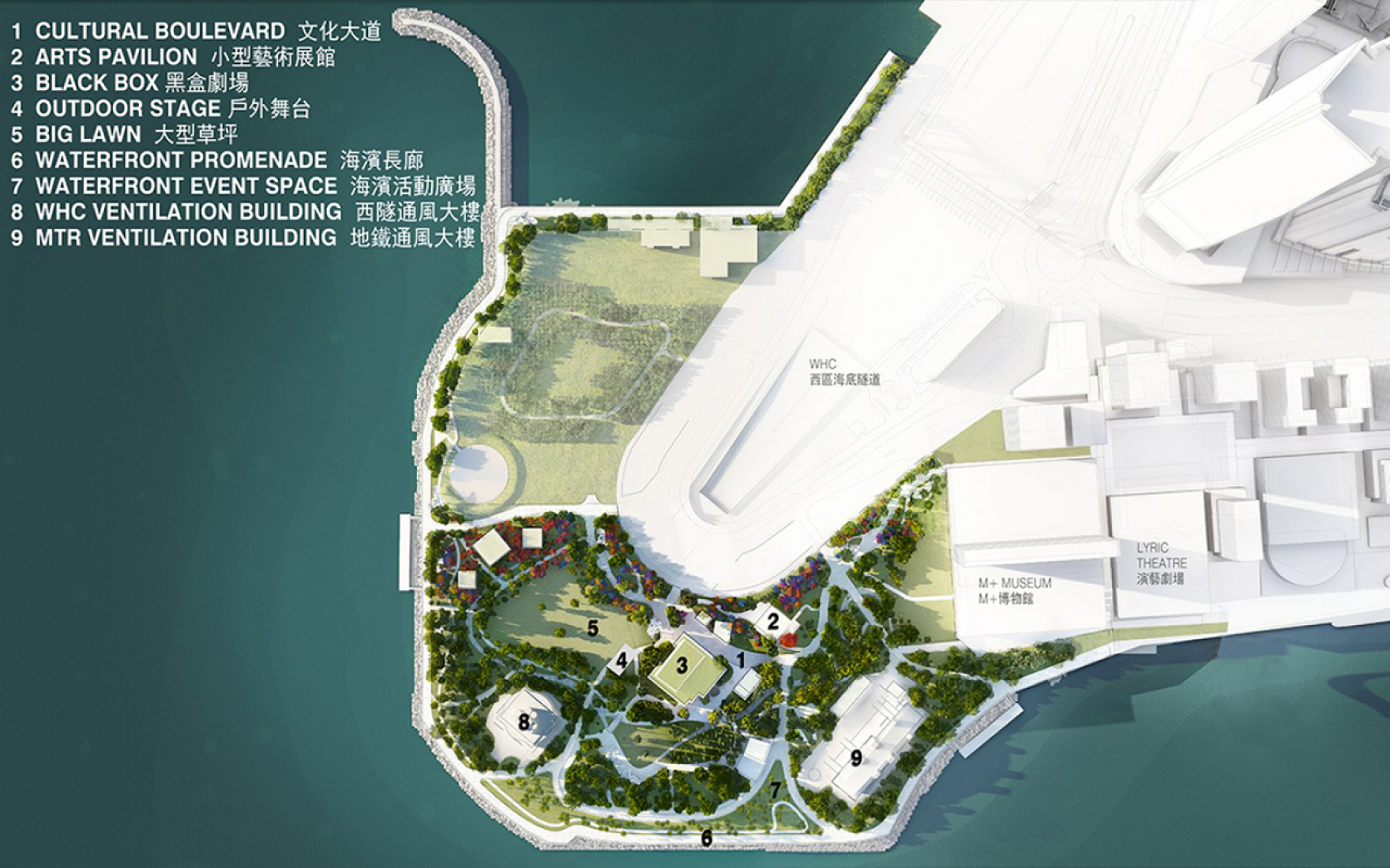 Rendering. West Kowloon Cultural District Park by West 8.