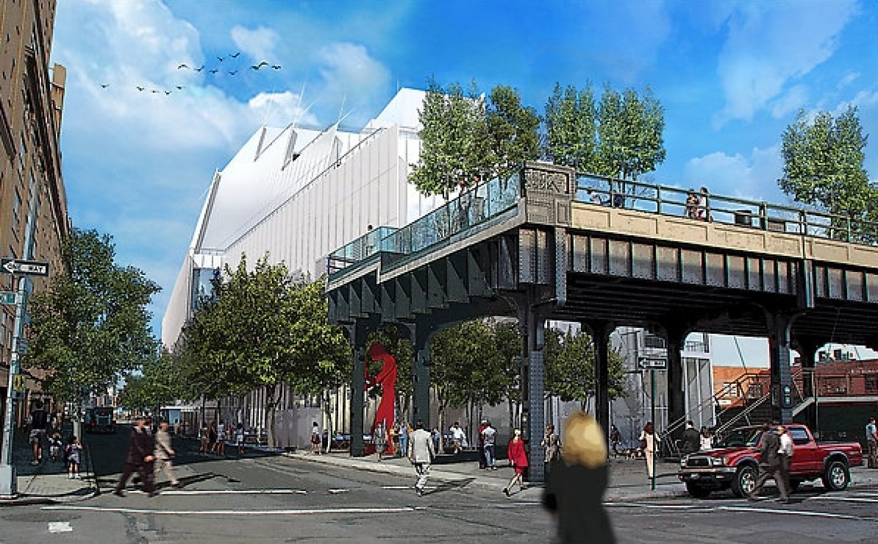 A rendering of the proposed new branch of the Whitney Museum of American Art in the meatpacking district, designed by Renzo Piano, showing the High Line in the foreground.