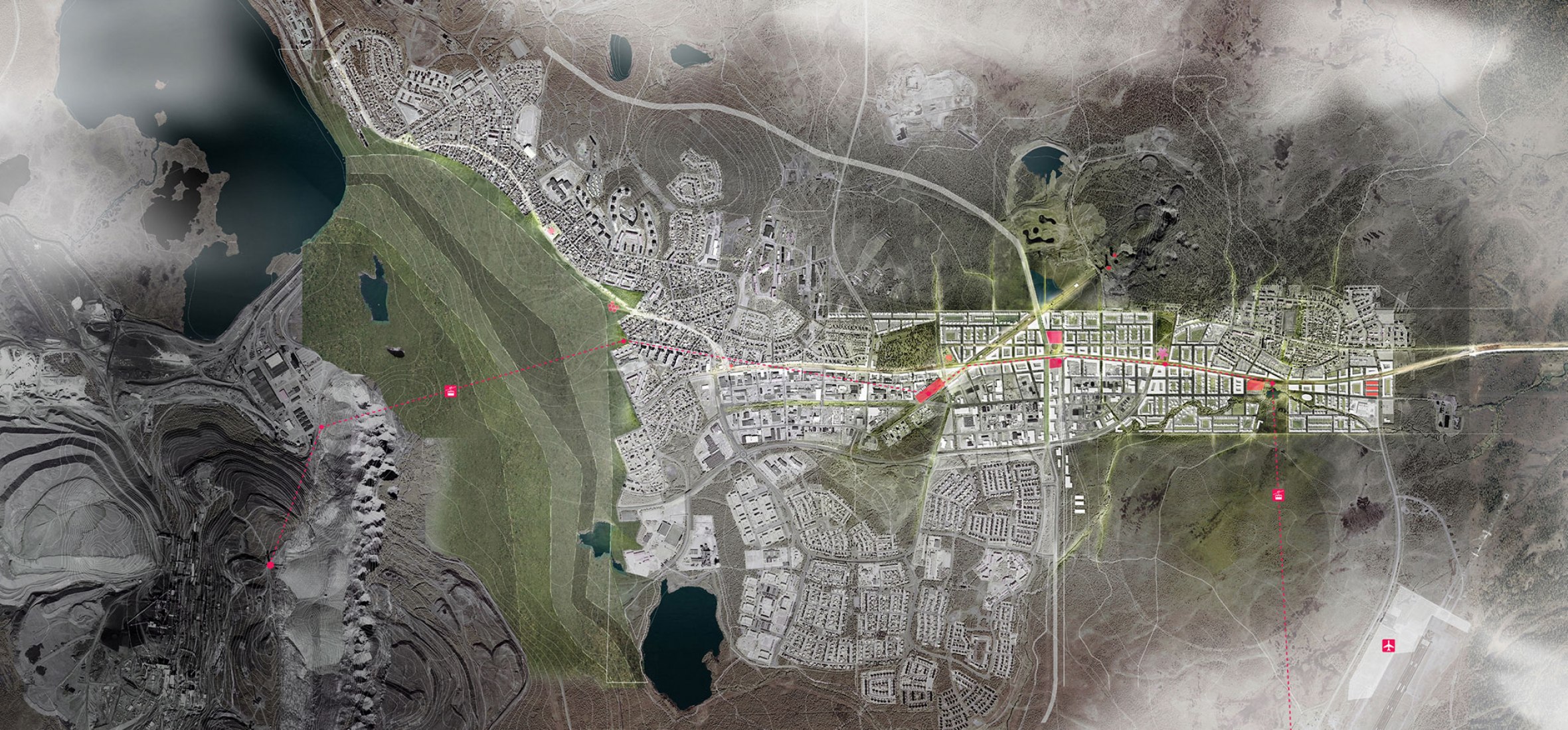 Vista de pajaro. Proyecto de nueva Kiruna. Imagen cortesía de White y Tegmark.