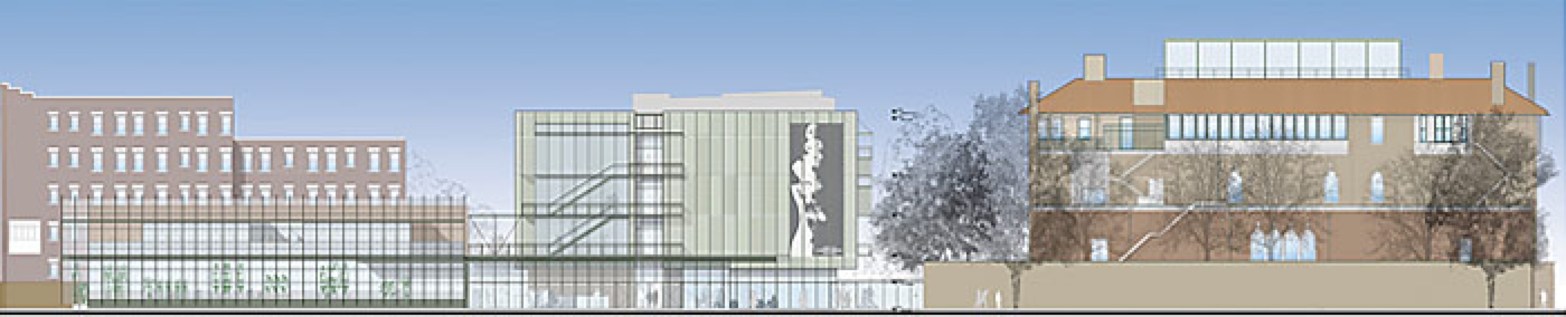 Elevation from Evans Way Park. © RENZO PIANO BUILDING WORKSHOP, 2010. Note: The brick massing at left is an apartment building adjacent to the Museum and is not part of the project.