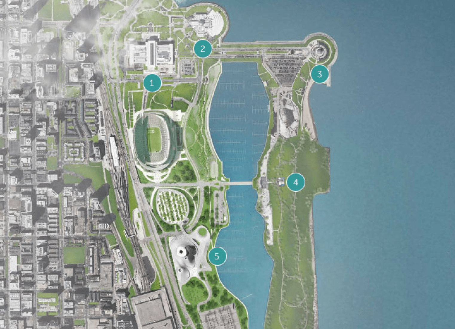 Plano de situación. (1) Area del museo. (2) Shedd Aquarium. (3) Adler Planetarium. (4) Isla Norte. (5) Lucas Museum of Narrative Art. Imagen © MAD Architects. 