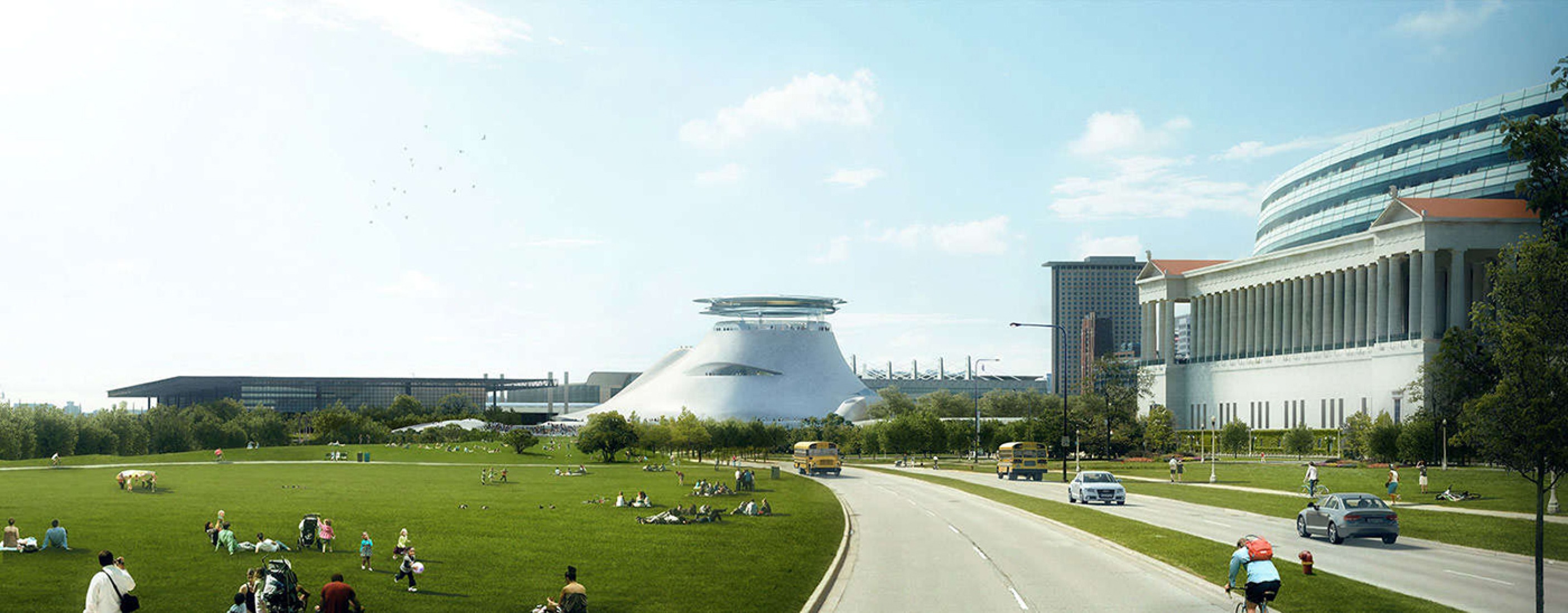 Vista de gran angular del Lucas Museum of Narrative Art por MAD arquitectos. Visualización © MAD Architects. 