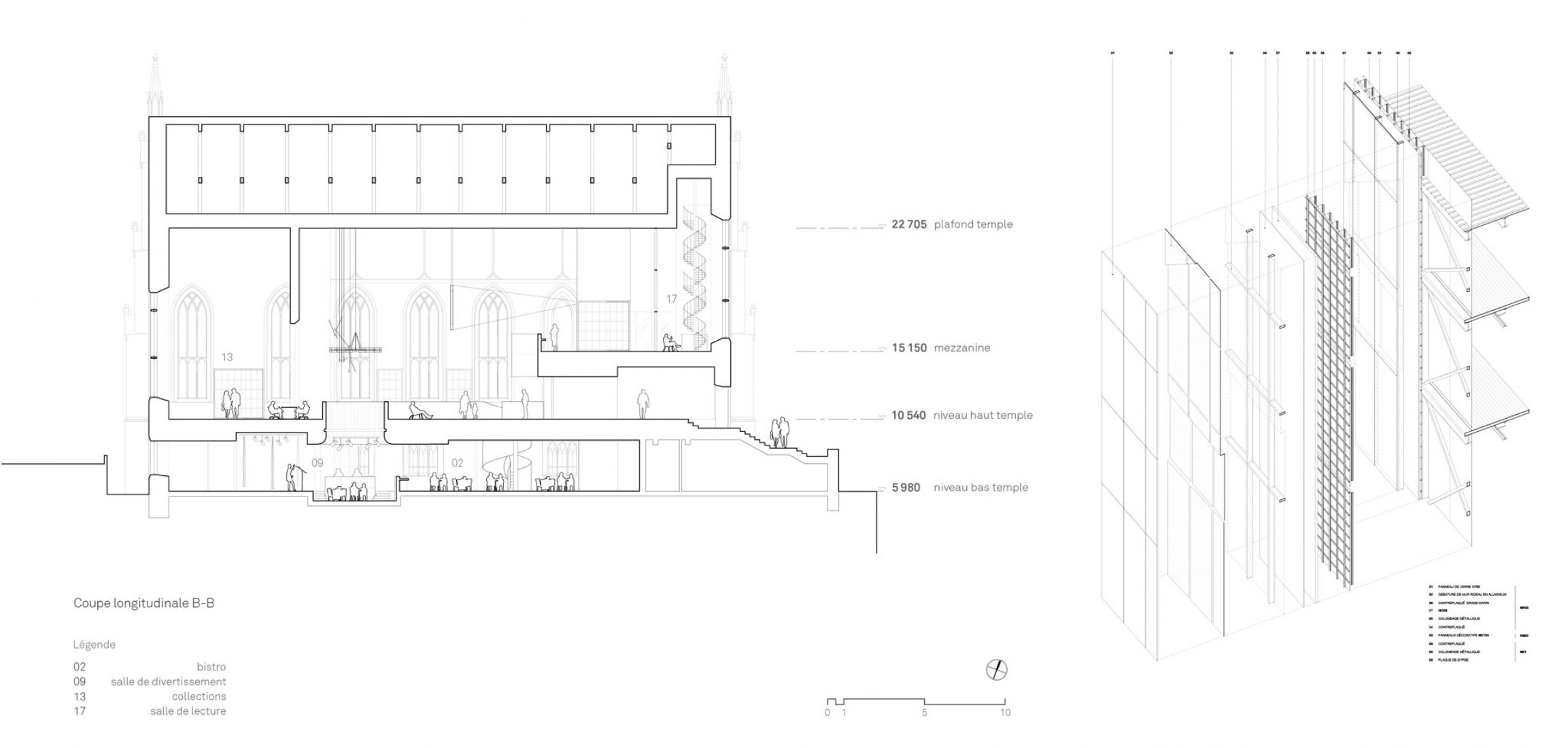 Section and detail. Maison de la littérature (House of Literature) by Chevalier Morales Architectes. Image courtesy of Chevalier Morales Architectes.