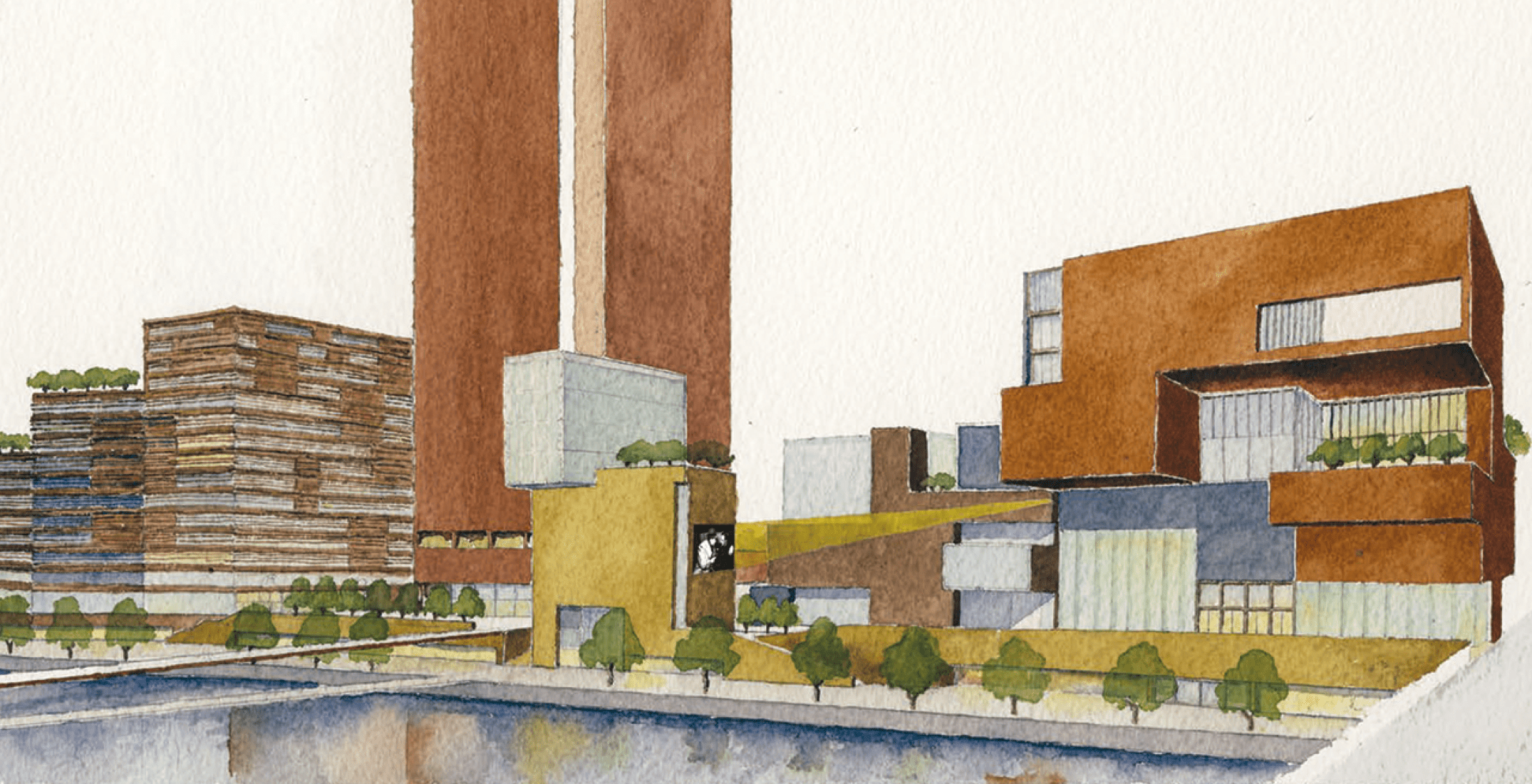 Vista de los jardines al sur del Parque hacia Stratford Waterfront, uno de los emplazamientos del proyecto Olympicopolis. Croquis del Stratford Waterfront. Courtesía de O’Donnell + Tuomey.
