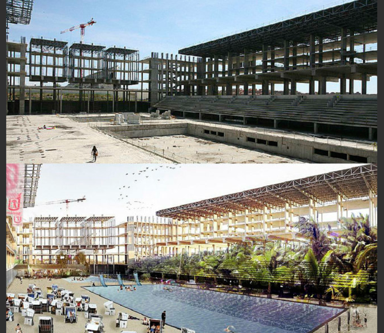 Above, Aquatic Centre at the moment; below,the project of Splash#Madrid to give it some use for the neighborhood. 