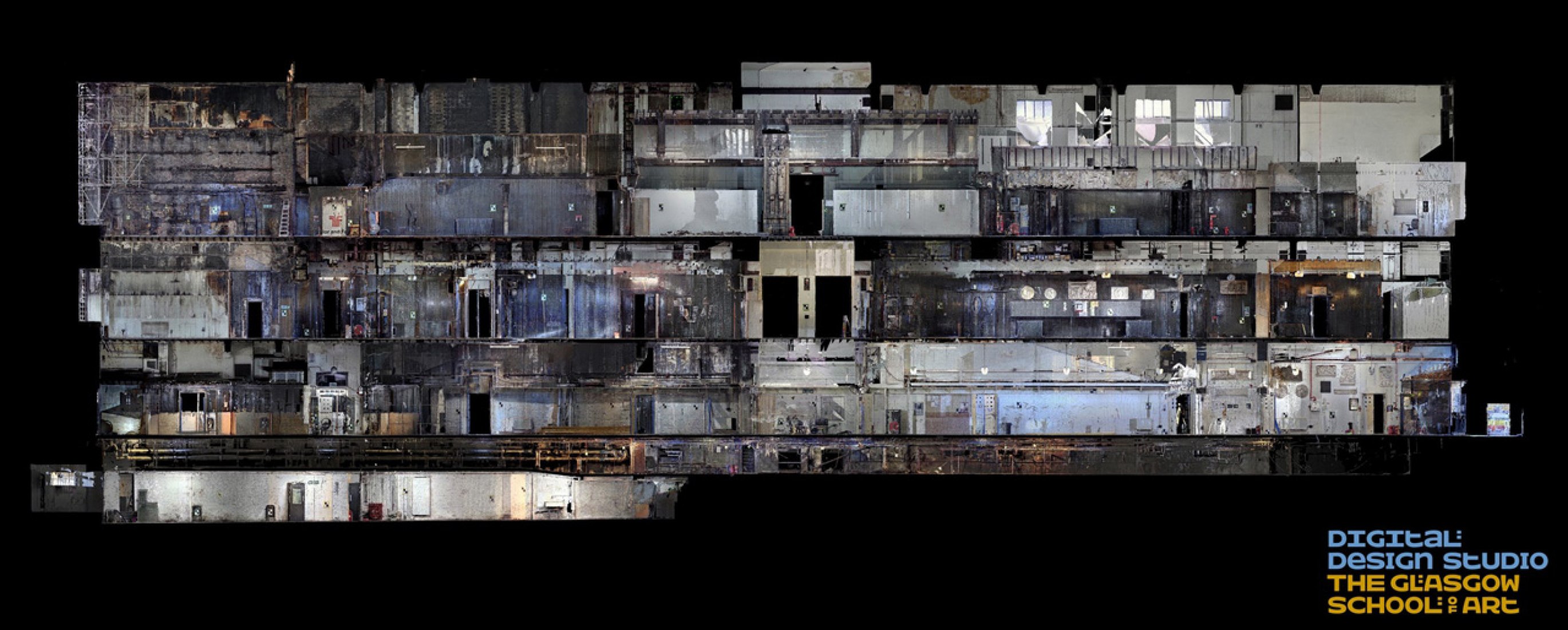  Edificio Mackintosh. Sección longitudinal de norte a sur. Cortesía de The Digital Design Studio at The Glasgow School of Art.