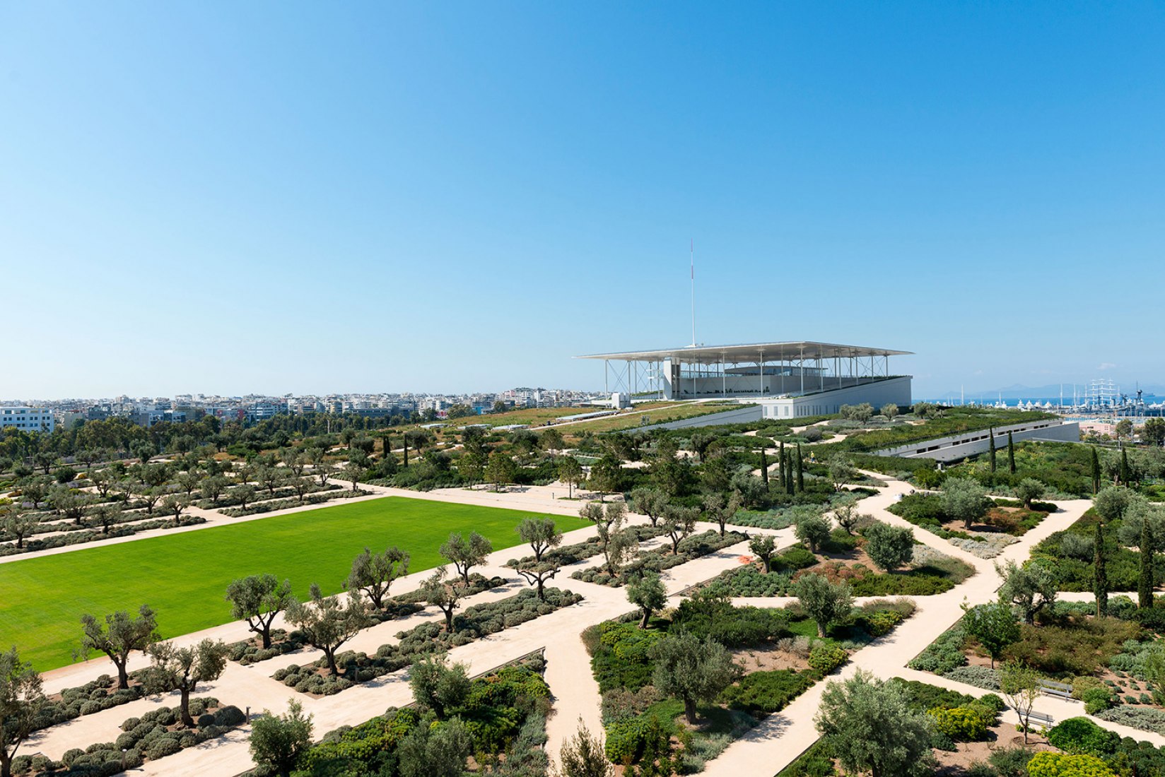 The Stavros Niarchos Park and the Buildings. Stavros Niarchos Foundation Cultural Center by Renzo Piano. Photograph © Yiorgis Yerolym, courtesy of Renzo Piano and Stavros Niarchos Foundation.