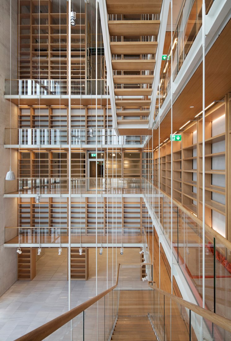 The book castle. The lobby of the NLG. Stavros Niarchos Foundation Cultural Center by Renzo Piano. Photograph @ Michel Denancé, courtesy of Renzo Piano and Stavros Niarchos Foundation.