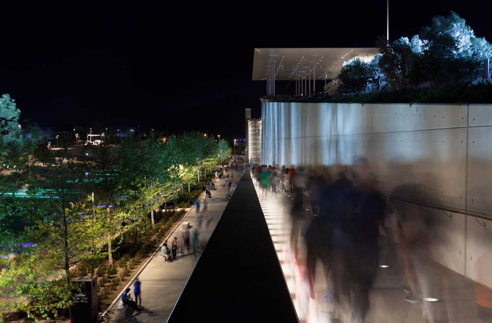 Exterior view at night. Stavros Niarchos Foundation Cultural Center by Renzo Piano. Photograph © Nikos Markou, courtesy of Renzo Piano and Stavros Niarchos Foundation.