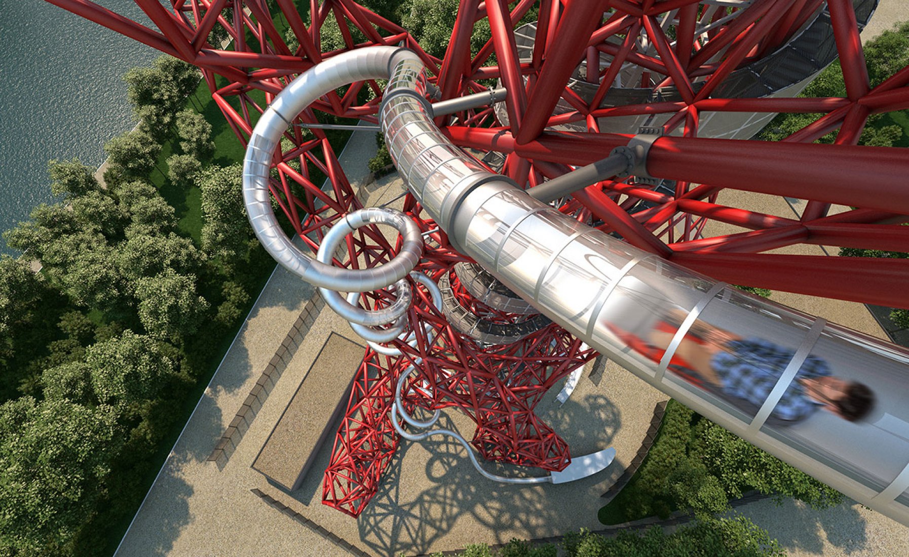 Tobogán de la ArcelorMittal Orbit por Carsten Höller. Visualización cortesía de ArcelorMittal Orbit.