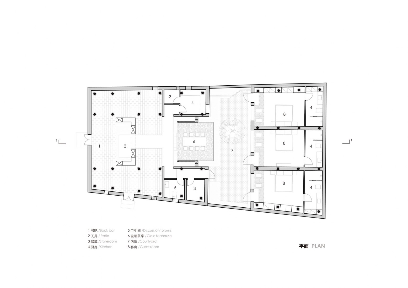 Library plan. Jiangshan Fishing Village by Mix Architecture.
