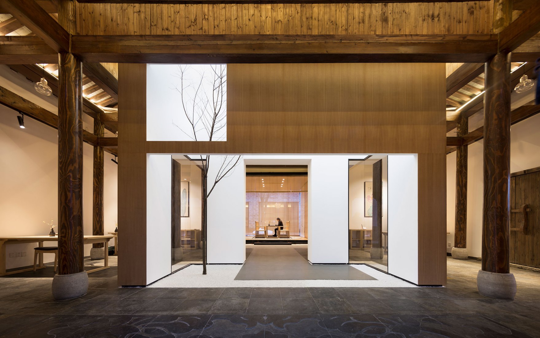 Library lobby and skyligt. Jiangshan Fishing Village by Mix Architecture. Photograph by Hou Bowen