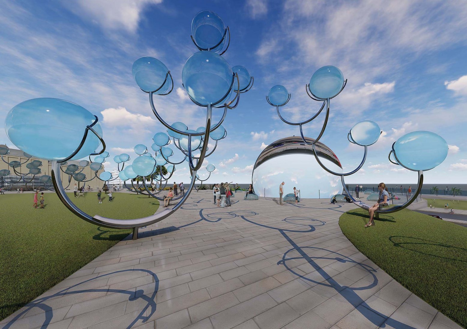 “Solar Orbs”, A submission to the Land Art Generator Initiative (LAGI) 2018 Competition for Melbourne. TEAM: Kaitlin Campbell, Chad Grevelding, Bridget Snover, Kyle Stillwell. TEAM LOCATION: Latham, NY, USA. ENERGY TECHNOLOGIES: dual-axis tracking concentrated photovoltaic thermal (CPV+T) (similar to Rawlemon®). ANNUAL CAPACITY: 550 MWh.