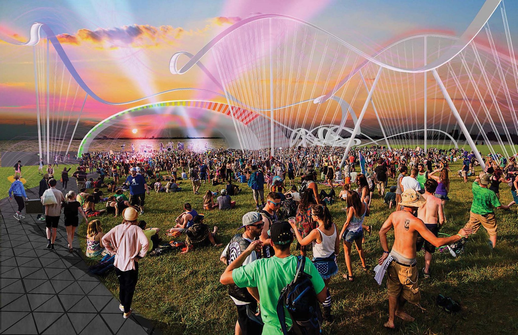 “Soundscape”, A submission to the Land Art Generator Initiative (LAGI) 2018 Competition for Melbourne. TEAM: Jordan Pulling, Patrick Alexander, Eric Bischof, Ryan Mackerer. TEAM LOCATION: Syracuse, NY, USA. ENERGY TECHNOLOGIES: aerostatic flutter (Windbelt™), thin-film photovoltaic, kinetic energy harvesting pavers (Pavegen™ or similar), high-capacity sodium-sulfur battery. ANNUAL CAPACITY: 800 MWh.