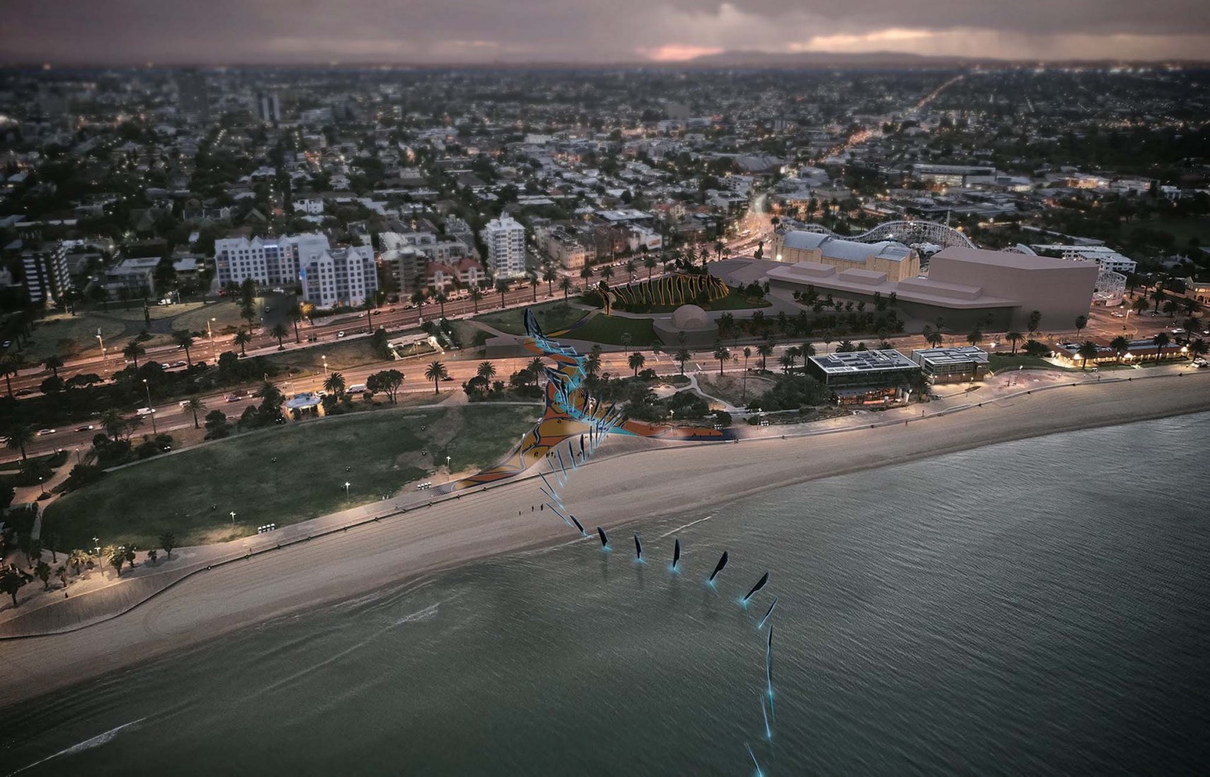 “Ngargee”, A submission to the Land Art Generator Initiative (LAGI) 2018 Competition for Melbourne. TEAM: Soren Luckins, Ashleigh Adams, George Thompson, Kate Luckins, Alan Pears, Erin Pears, Peter Bennetts, Jasmine Sarin, Elder Arweet Carolyn Briggs, Rae Fairbairn, Dave Stelma. TEAM LOCATION: Melbourne, Australia. ENERGY TECHNOLOGIES: amorphous silicon thin-film photovoltaic. ANNUAL CAPACITY: 400 MWh.