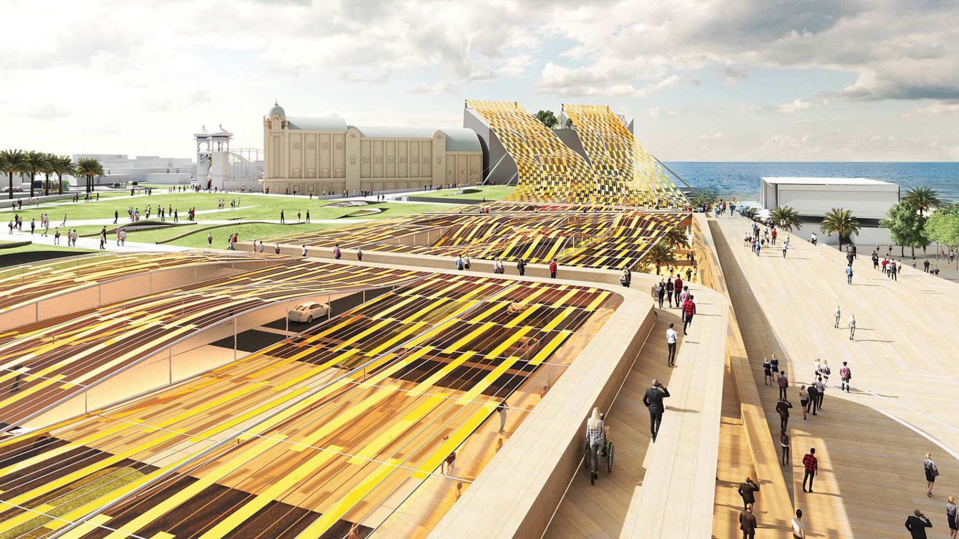 “Light Up”, A submission to the Land Art Generator Initiative (LAGI) 2018 Competition for Melbourne. TEAM: Martin Heide, Dean Boothroyd, Emily Van Monger, David Allouf, Takasumi Inoue, Liam Oxlade, Michael Strack, Richard Le (NH Architecture); Mike Rainbow, Jan Talacko (Ark Resources); John Bahoric (John Bahoric Design); Bryan Chung, Chea Yuen Yeow Chong, Anna Lee, Amelie Noren (RMIT students). TEAM LOCATION: Melbourne, Australia. ENERGY TECHNOLOGIES: flexible mono-crystalline silicon photovoltaic