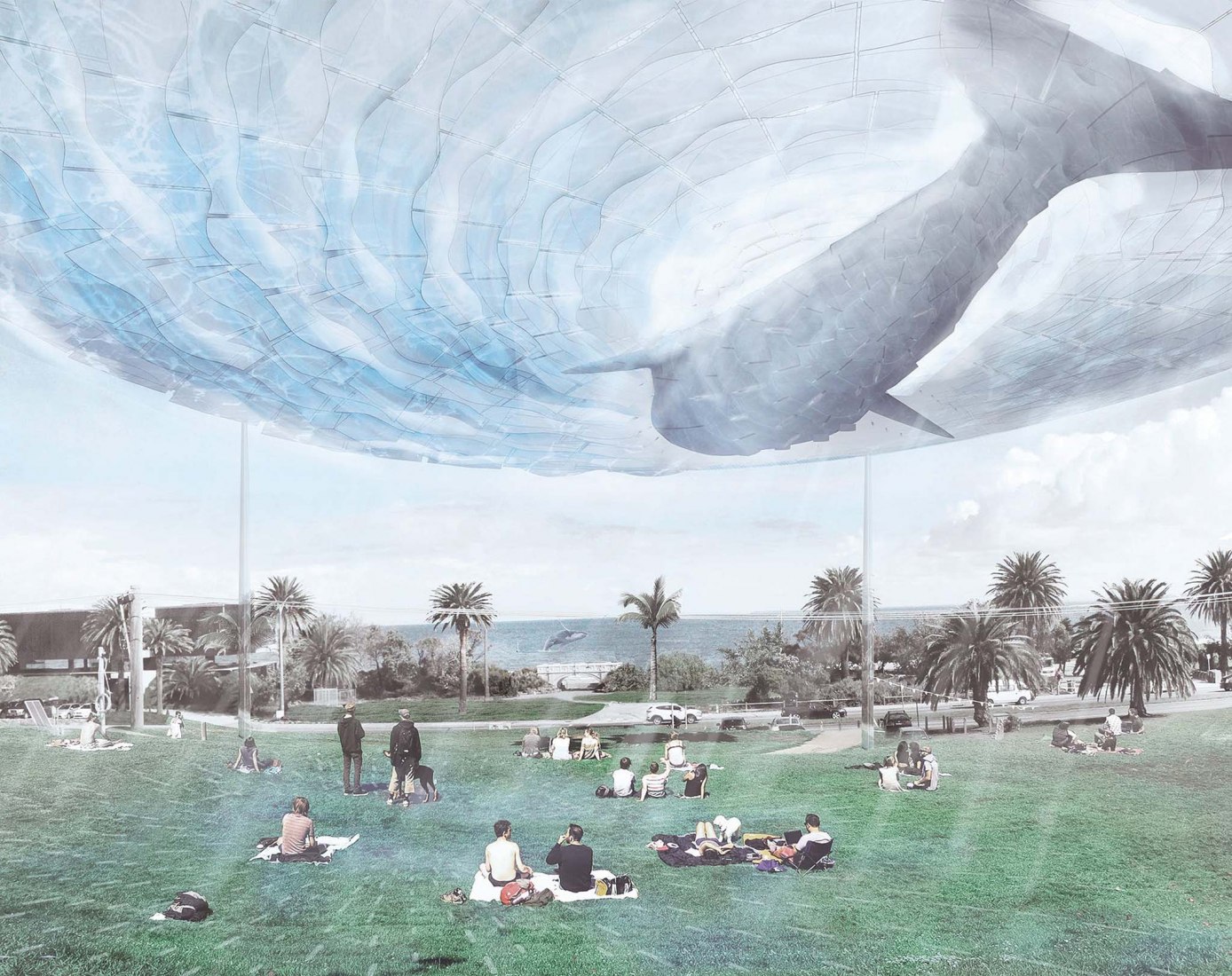 “​A New Citizen of Melbourne Who Lives at a Piece of Sea in the Sky”, A submission to the Land Art Generator Initiative (LAGI) 2018 Competition for Melbourne. TEAM: Zhang Hao, Chen Bocong, Zhu Jing, Yang Qiurun. TEAM LOCATION: Shenzhen, China. ENERGY TECHNOLOGIES: thin-film photovoltaic, vertical axis wind turbines. ANNUAL CAPACITY: 400 MWh.