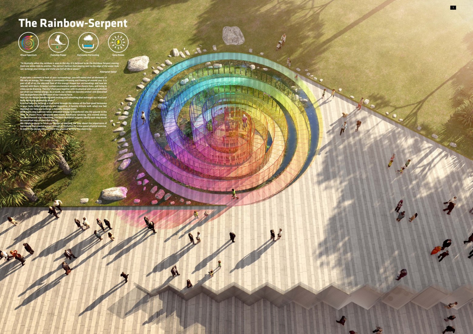 The Rainbow Serpent Artist Team: Arthur Stefenbergs, Lucian Racovitan, Keith Mc Geough, Ovidiu Munteanu Energy Technologies: luminescent solar concentrator (LSC), kinetic energy harvesting Annual Capacity: 90 MWh A submission to the 2018 Land Art Generator Initiative design competition for Melbourne.