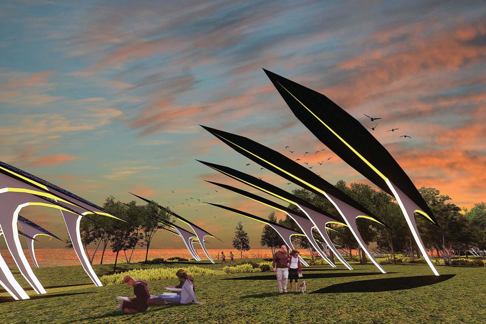 “Stealing Fire”, A submission to the Land Art Generator Initiative (LAGI) 2018 Competition for Melbourne. TEAM: Lendell Ervin, Jiawei Hou. TEAM LOCATION: Muncie, IN, USA. ENERGY TECHNOLOGIES: thin-film multi-junction solar, piezoelectric energy harvesting. ANNUAL CAPACITY: 850 MWh
