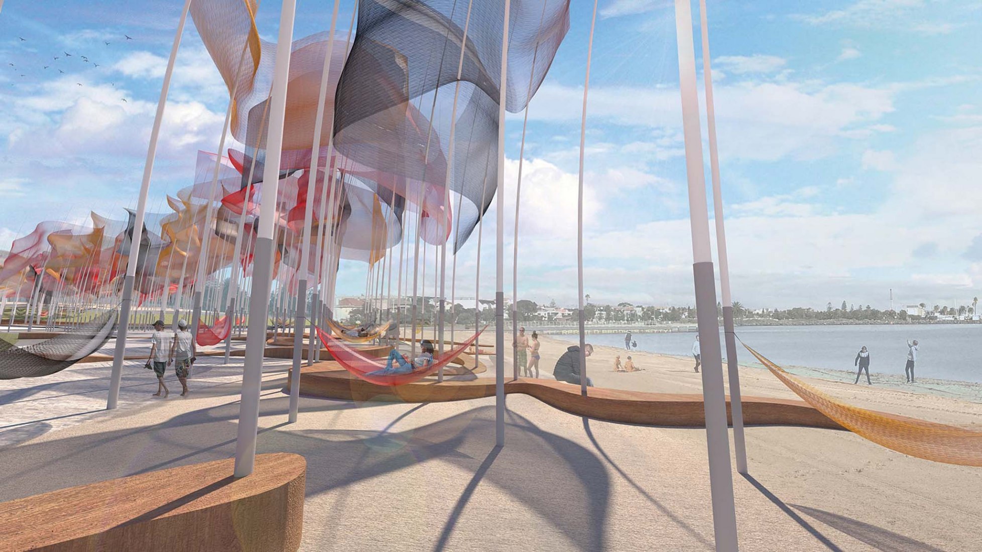 Dreamtime Artist Team: Kyle Taveira Energy Technology: triboelectric energy harvester fabric and piezoelectric stack actuators Annual Capacity: 100 MWh A submission to the 2018 Land Art Generator Initiative design competition for Melbourne