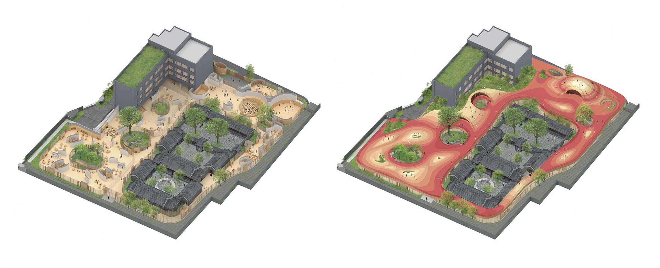Ground level vision and Roof level vision. Courtyard Kindergarten by MAD Architects