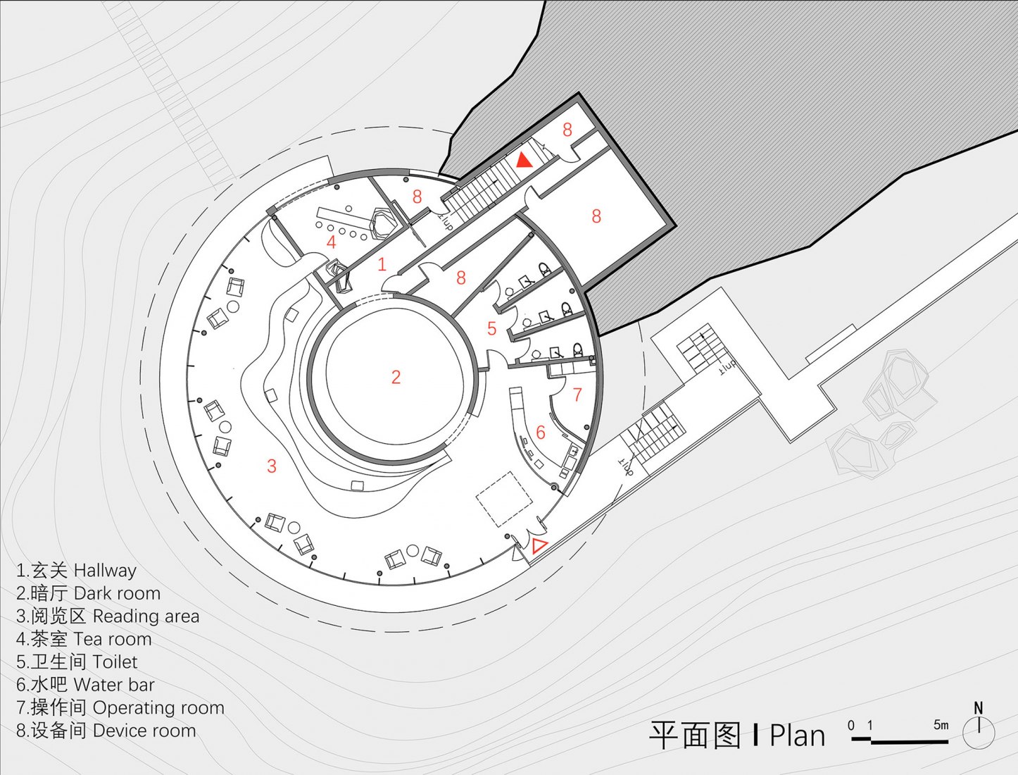 Library floor plan. The Water Drop Library by  3andwich Design / He Wei Studio. 