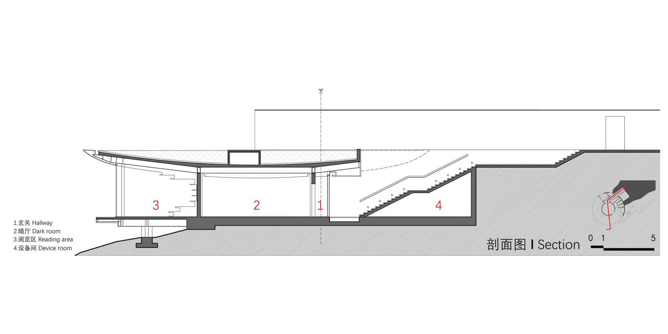 Section. The Water Drop Library by  3andwich Design / He Wei Studio. 