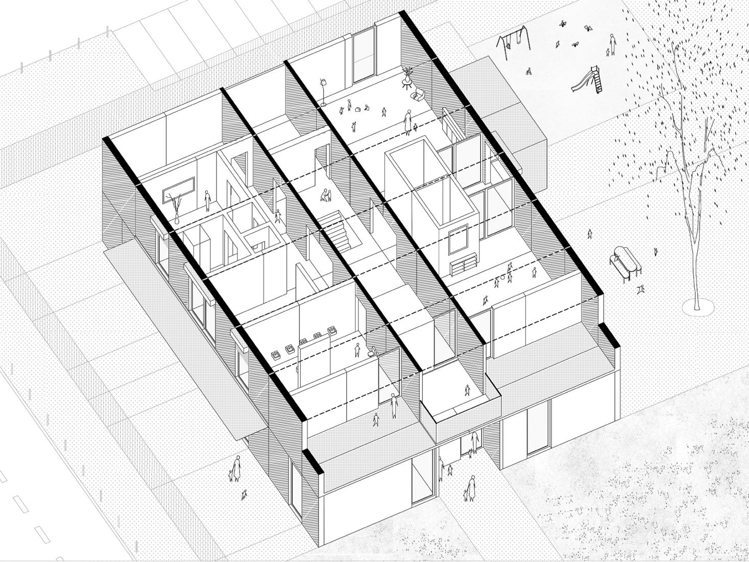 Axonometric. 4 Modular Kindergartens by SUMMARY.