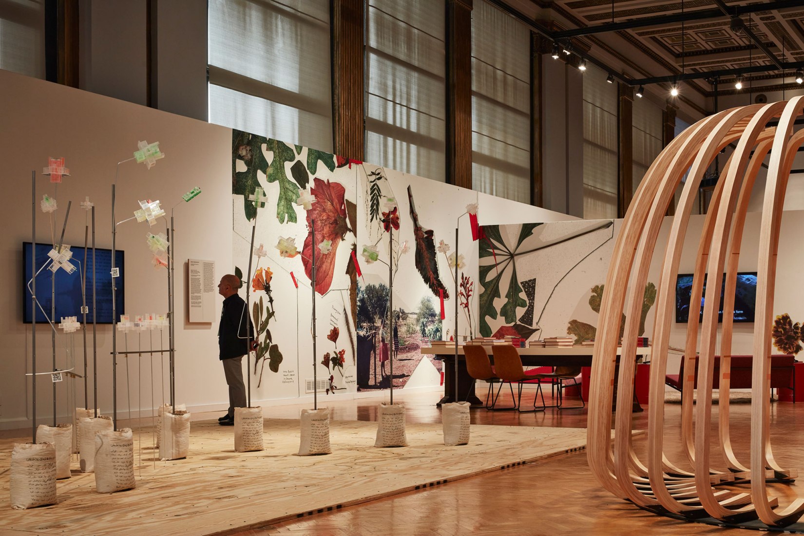 (L) RIWAQ - Center For Architectural Conservation Yara Sharif Nasser Golzari Secrets of a Digital Garden: 50 Flowers - 50 Villages, 2019. (C) Wolff Architects Summer Flowers​, 2019. (R) Tanya Lukin Linklater Tiffany Shaw-Collinge Indigenous​ geometries​, 2019. Courtesy of Chicago Architecture Biennial​ / KendallMcCaugherty,​ ​2019.