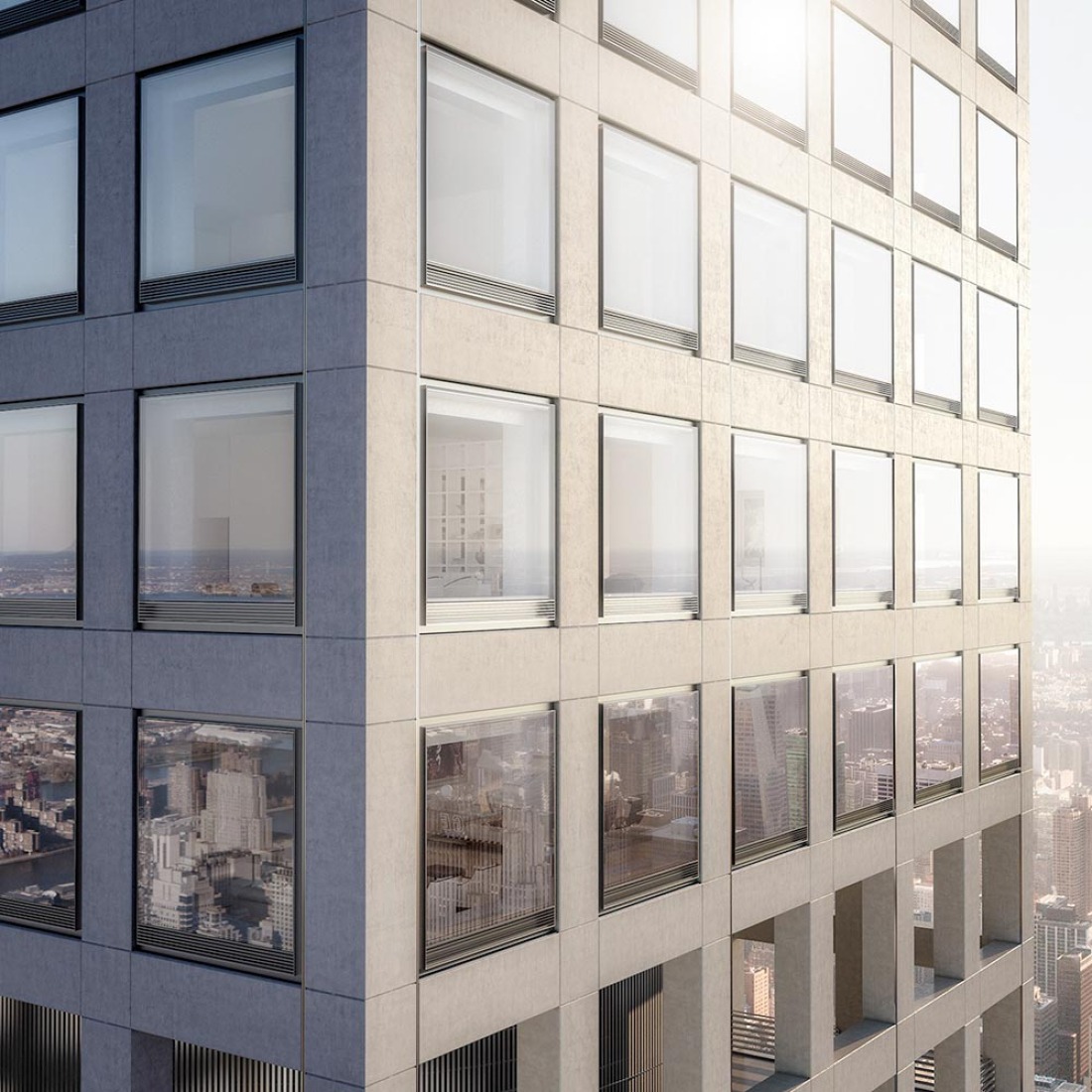 Detalle de fachada. Visualización del rascacielos 432 Park Avenue diseñado por Rafael Viñoly. Imagen cortesía de RVAPC.