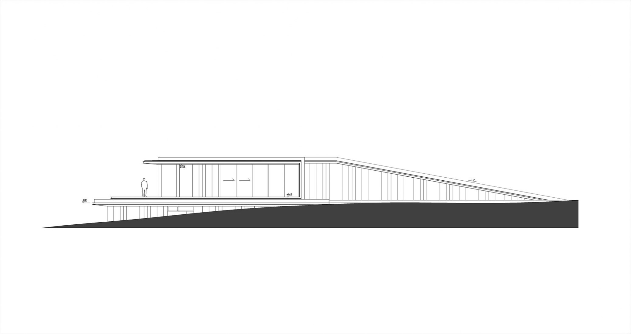 Alzado. Casa pendiente 35:35 por 77 Studio Architektury. Fotografía por Piotr Krajewski.