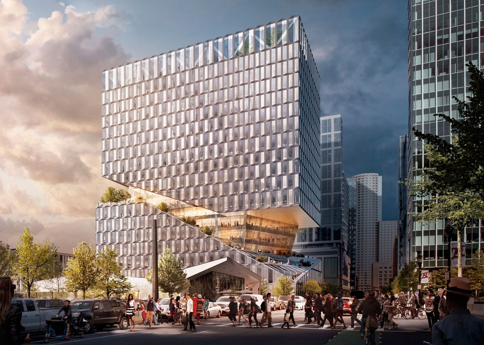 Visualización del 88 Seaport Boulevard, un proyecto de venta al por menor y de oficina de uso mixto diseñado por OMA y desarrollado por WS Development en el barrio Seaport de Boston. Imagen © OMA. Visualización por Bloom