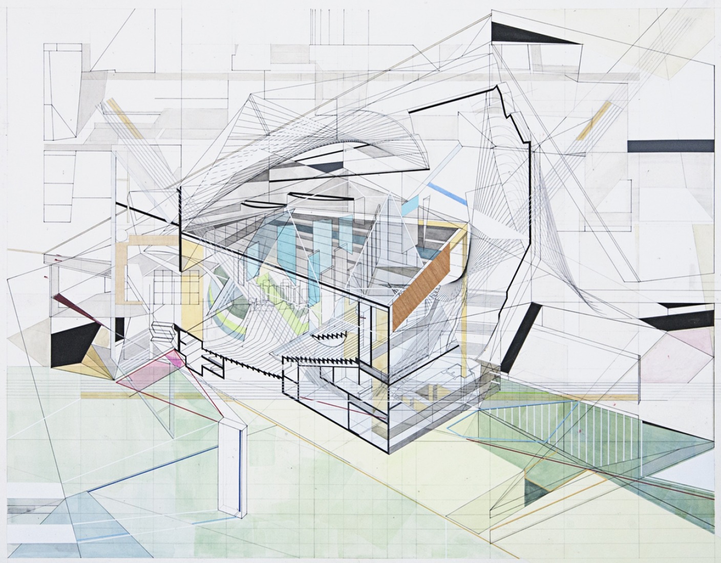 Serie Heterotopías #3, 2014. Por Guillem Juan Sancho. Lápiz, rotulador, acrílico y vinilo adhesivo sobre papel, 52.5 x 42 cm. 