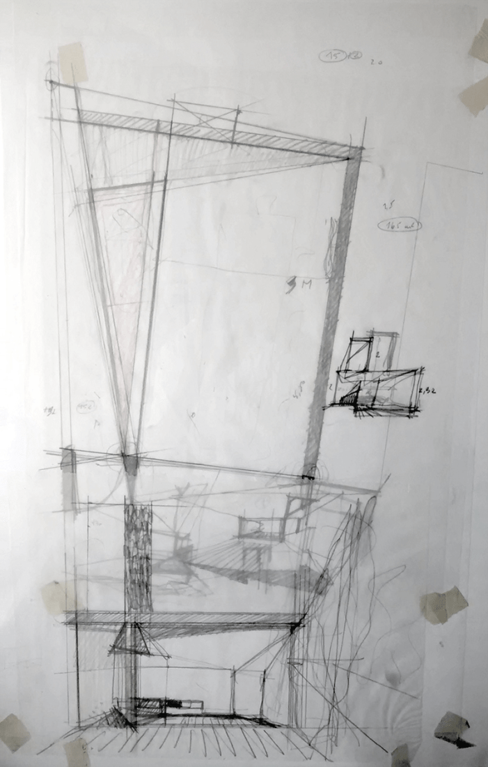 Dibujo de proyecto. Sala em pala por Nuno Melo Sousa. Cortesía de José Campos.