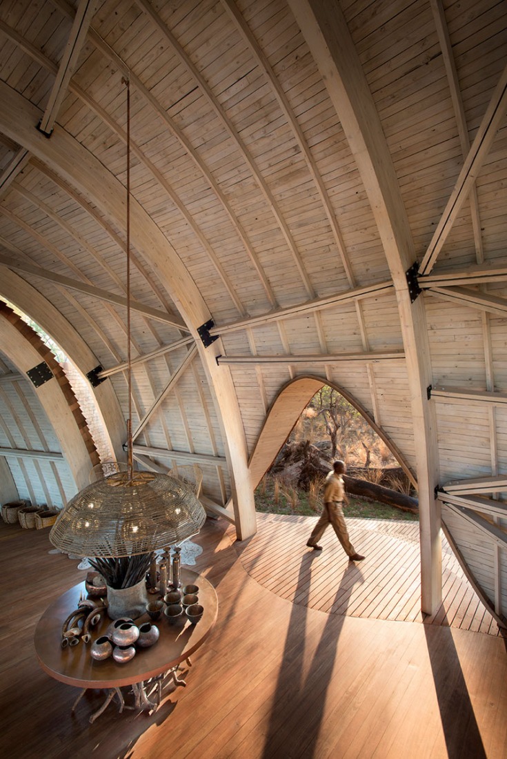 View of the lodge of the Sandibe Okavango Safari in Botswana, by Nicholas Plewman Architects and Michaelis Boyd Architects. Photography © Dook. 