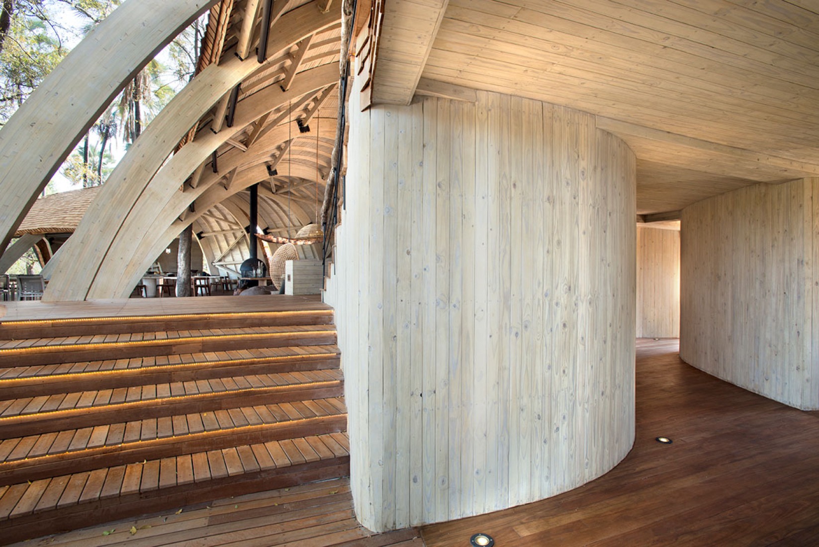 View of the lodge of the Sandibe Okavango Safari in Botswana, by Nicholas Plewman Architects and Michaelis Boyd Architects. Photography © Dook.